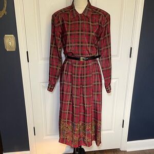 Vintage Talbots Red Plaid Silky Long-Sleeve Shirt Dress Floral Border Size 4